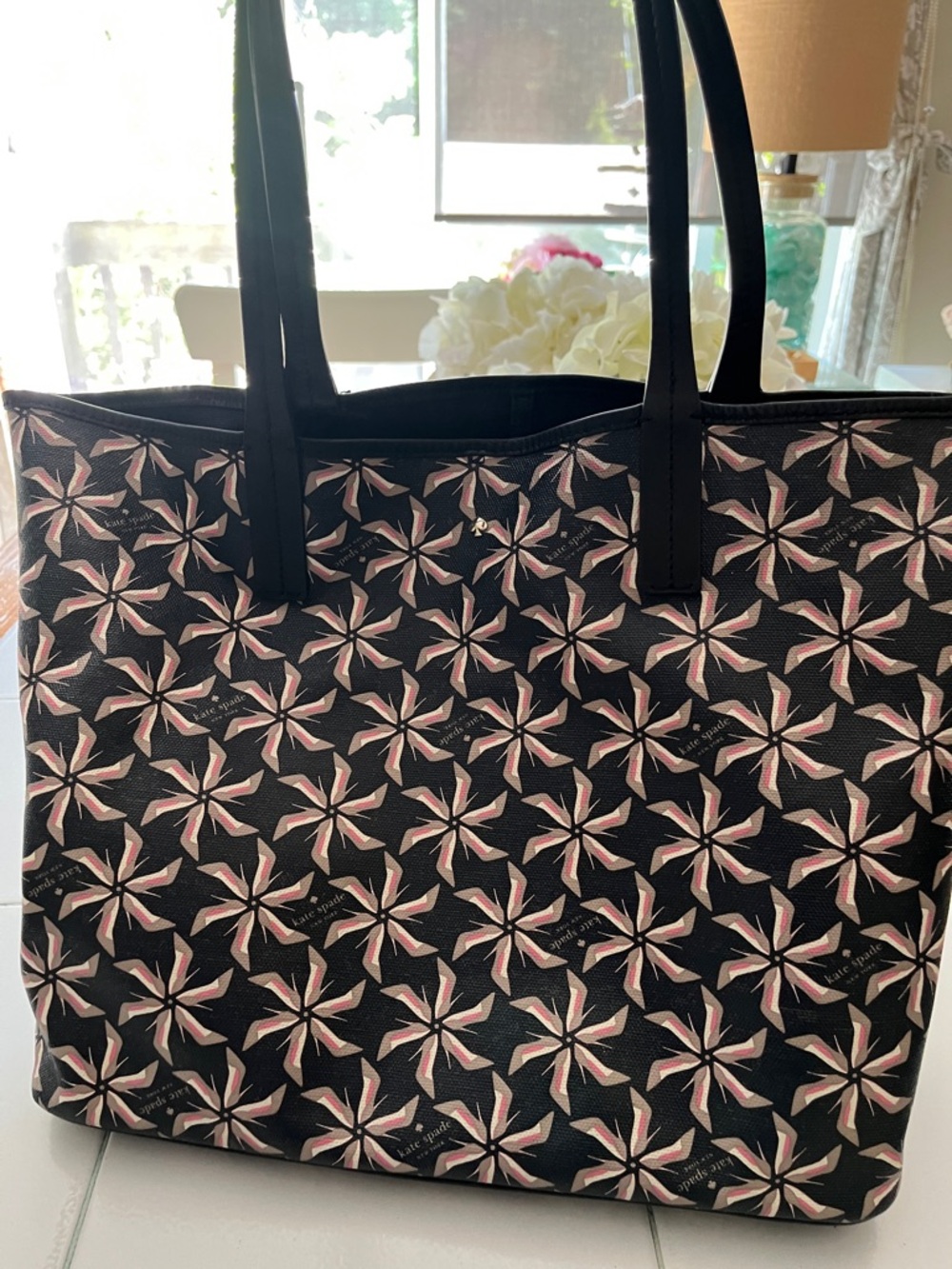 kate spade Black Tote with Pink & Cream Pinwheel Floral Print